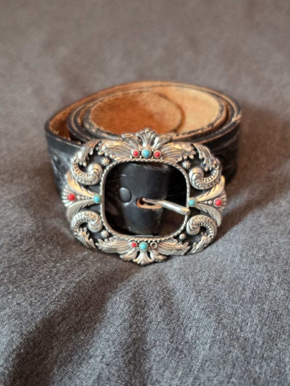 Cowgirl Black Belt With Silver Filigree Buckle And Tooled Leather